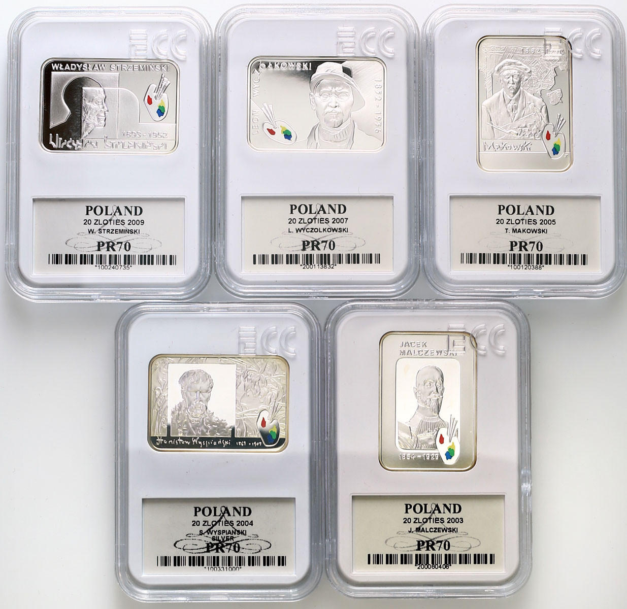 III RP. 20 złotych 2003 – 2009 .Malarze – Zestaw 5 sztuk.